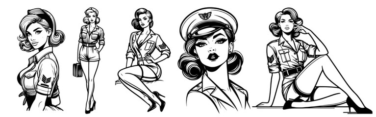 Wall Mural - pinup girl, beauty pin-up woman vintage style black and white vector with transparent background, nocolor silhouette sketch illustration, decorative comic character shape laser cutting engraving print