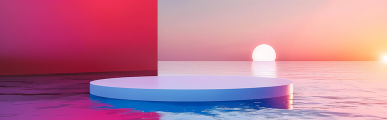 Wall Mural - Background water podium product 3d cosmetic abstract platform blue beauty. Render background podium water scene red display set backdrop presentation purple wall floor stone stand object minimal.