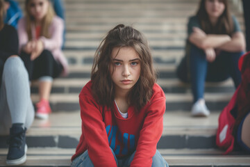 Closeup portrait of a serious teenage girl in a red sweatshirt sitting on the steps outdoors Focus on the girls face with blurred background of other girls sitting on the