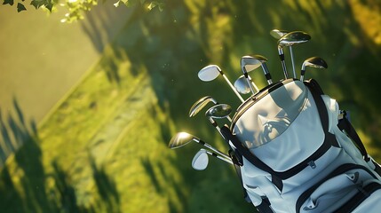 The top view of a golf bag showing the grips and club heads, with the   course in soft focus