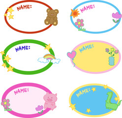 Various designs of cute name tags with teddy bear, flowers, sun, rainbow, pig, dinosaur for back to school, sticker, card, print, masking tape, decorations, memo, sticky note, animal, floral, summer