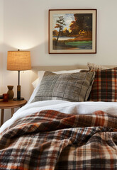 Wall Mural - A bed with plaid bedding, a warm and inviting bedroom setting, soft lighting, and modern decor, with an emphasis on the cozy texture of flannel material in the blanket, in earthy tones like brown