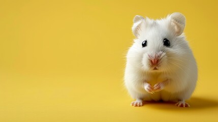 Adorable funny white hamster smiling on yellow background, cute pet image with spacious area, funny pets concept, banner, copy space