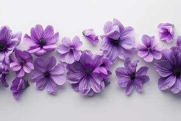 Wall Mural - A row of purple flowers aligned on a white surface, with one flower situated centrally