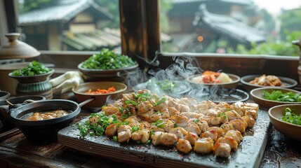 Wall Mural - A pile of garlic chicken on the table! Japanese house, teahouse, Edo period