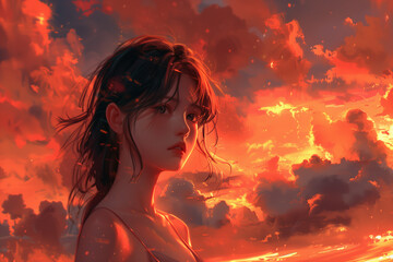 Manga, anime girl artwork with red sky in the background