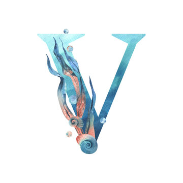 Capital letter V, part of the Latin alphabet decorated in a wet theme with corals, shells, algae, bubbles, blue and coral colors. Hand drawn watercolor illustration. Element isolated from background.