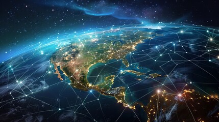 Intricate network connects across the globe, like a spider's web reaching every corner of Earth.