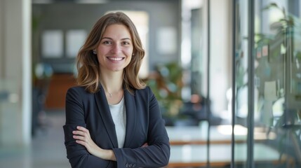 Wall Mural - A confident businesswoman lawyer in a modern office, standing with arms crossed and smiling at the camera, showcasing professionalism and expertise. 