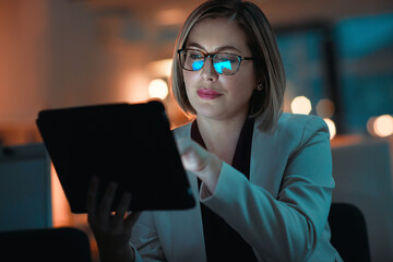 Poster - Business woman, tablet and typing in office for corporate communication, internet research and networking. Female person, technology and working late night for project planning and email conversation