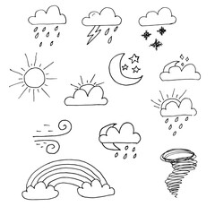 set of doodles weather conditions clouds rain, sun, wind, snow, thunderstorm, rainbow proskie on a white background handwritten with a black pen