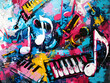 © mfz - Cool music graffiti in urban style Oil color painting. Generative AI.