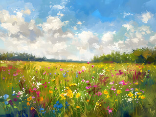 Digital oil painting of lush blooming summer meadow with colorful wildflowers Oil color painting. Generative AI.