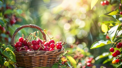 Ripe, juicy cherries fill a basket on a table in a garden, surrounded by greenery.