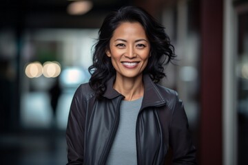 Wall Mural - Portrait of a grinning asian woman in her 40s sporting a stylish varsity jacket while standing against sophisticated corporate office background