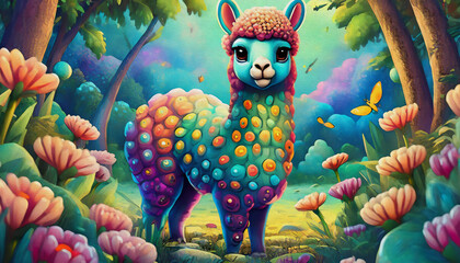 Wall Mural - oil painting style cartoon illustration Multicolored Alpaca with wild