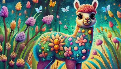 Wall Mural - oil painting style cartoon illustration Multicolored Alpaca with wild