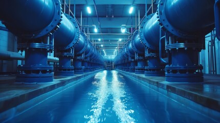 Complex Blue Water Pipes System in Modern Industrial Power Plant Interior with Various Small and Large Pipes, Air Mixers, and Tubes Housings