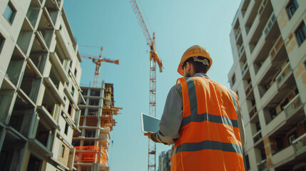 A construction engineer in a high-visibility vest and hard hat inspecting a construction site with a digital tablet, with an unfinished building and a construction crane in the background, under a cle