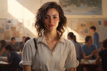 Wall Mural - Portrait of a content woman in her 30s wearing a simple cotton shirt on lively classroom background