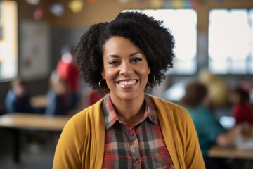 Wall Mural - Portrait of a happy afro-american woman in her 40s wearing a comfy flannel shirt in front of lively classroom background