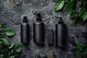 Mens skincare products in black bottles with green leaves. Premium packaging design.