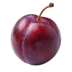 Close-up of a fresh, ripe red plum with a stem on a white background. Perfect for food, health, and fruit-related photos.