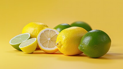 Wall Mural - Fresh Citrus Fruits, Vibrant Lemons and Limes, Bright Yellow and Green, Juicy Sliced Lemons, Colorful Citrus Arrangement