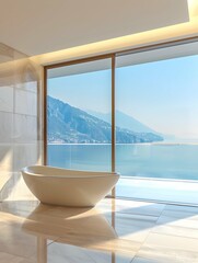 Wall Mural - luxury bathroom interior with bathtub and panoramic window