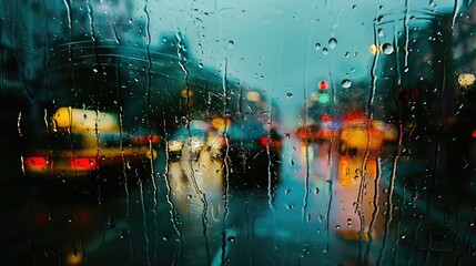 Blurry cityscape through rainy window