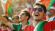 © Stefan - Happy football fans in a stadium celebrating a scored goal at the game, all dressed in the colors of their national team.