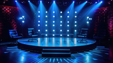 Canvas Print - Stage Set for Showbiz: An Empty Game Show Talk Show Set with Stage Lights, Chairs, and a Table, Evoking the Atmosphere of Television Production, Studio Ambiance, and Entertainment Setup
