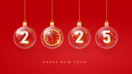 Wall Mural - 2025 Happy New Year in red. 2025 Golden metal number in glass bauble, decoration. Realistic 3d render metallic sign. Xmas Poster, banner, cover card, brochure flyer, layout design