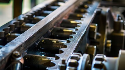 Poster - Close-up of conveyor belt components, precision gears, mechanical, direct lighting.