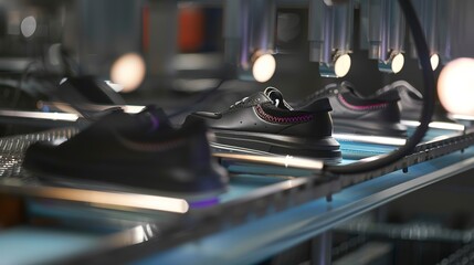 Poster - Footwear production line, shoes before lacing, functional, clear light.