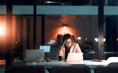 Aufkleber - Business woman, stress and laptop in office for corporate communication, internet research and networking. Female person, technology and frustrated working late night for project planning and email