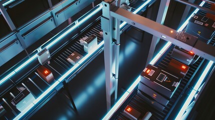 Poster - Automated sorting system for packages, barcode readers in use, efficient, clear light.