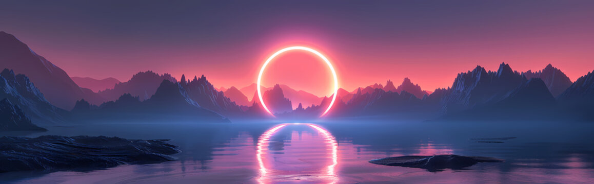 3d render. Abstract wallpaper with sunset or sunrise and round geometric shape. Mystic landscape with mountains, water and glowing neon ring.