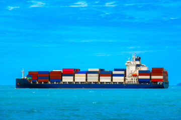 Large ships transport cargo and carry large amounts of containers. Sea shipping by cargo ship. Concept. International. Export-import business, logistics, transportation industry	