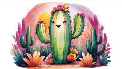 Kawaii, cute funny cactus illustration.