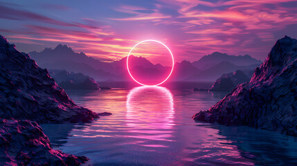 Wall Mural - 3d render. Abstract wallpaper with sunset or sunrise and round geometric shape. Mystic landscape with mountains, water and glowing neon ring.
