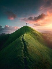 Poster - Cristian cross on top of a green hill at sunset