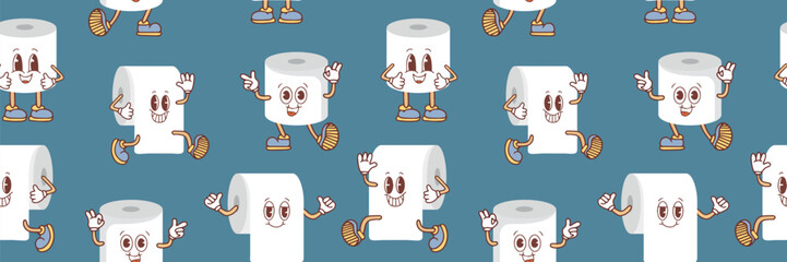 Seamless pattern with cute cartoon toilet paper rolls with faces in Kawaii style. Vector illustration