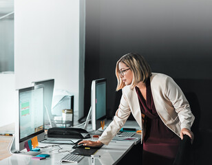 Poster - Pc screen, schedule and business woman in office planning, research or agenda, graph and solution. Computer, calendar or manager reading feedback, review or b2b communication for project proposal