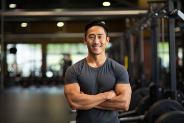 Wall Mural - Portrait of a happy asian man in his 30s showing off a thermal merino wool top over dynamic fitness gym background