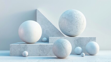 Wall Mural - Large and small white textured spheres pedestals 3d rendering image. Serene, monochromatic setting. Geometric wallpaper art colorful realistic. Abstraction concept idea, conceptual photo