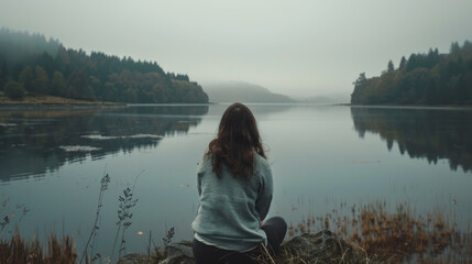 Woman sitting near lakeside with serene and tranquil landscape