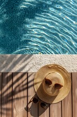 Wall Mural - Straw Hat and Sunglasses Beside a Pool on a Sunny Day