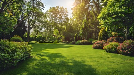 beautiful manicured lawn surrounded by trees and bushes, bright summer day