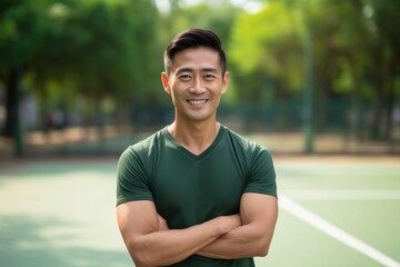 Wall Mural - Portrait of a glad asian man in his 30s donning a classy polo shirt isolated in bright and cheerful park background